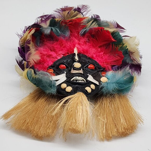 Handmade Tribal Brazil Mask With Colorful Feathers & Natural Fiber Tassels - Picture 4 of 8